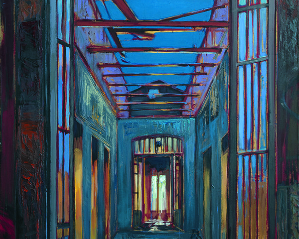 Obraz "Nokturn", otwarte okno ukazujące zniszczony korytarz ostatniego piętra budynku bez dachu.