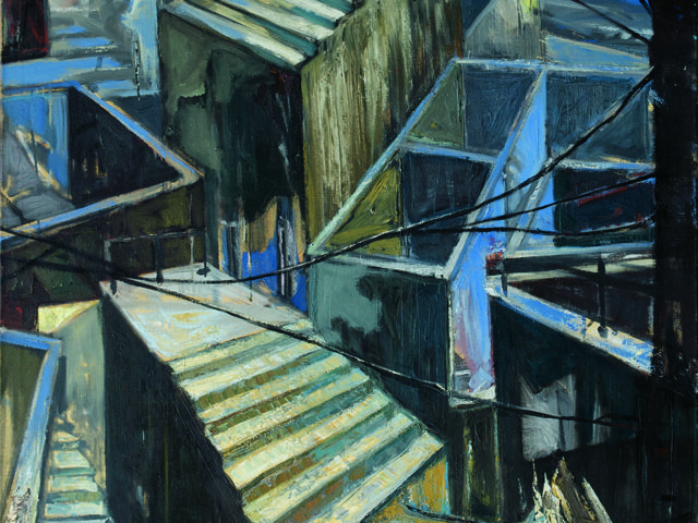 Obraz "Przerwany ciąg komunikacji I",  abstrakcyjny obraz ukazujący wysokie szare bloki z fragmentami schodów i barierek na górze.