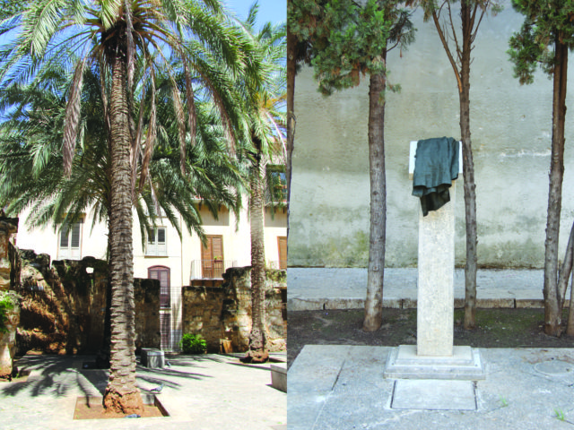 Dwa zdjęcia: po lewej zdjęcie palm na podwórzu otoczonym murem, za którym jest kamienica. Po prawej zdjęcie małej tablicy pamiątkowej przykrytej czarnym płótnem.