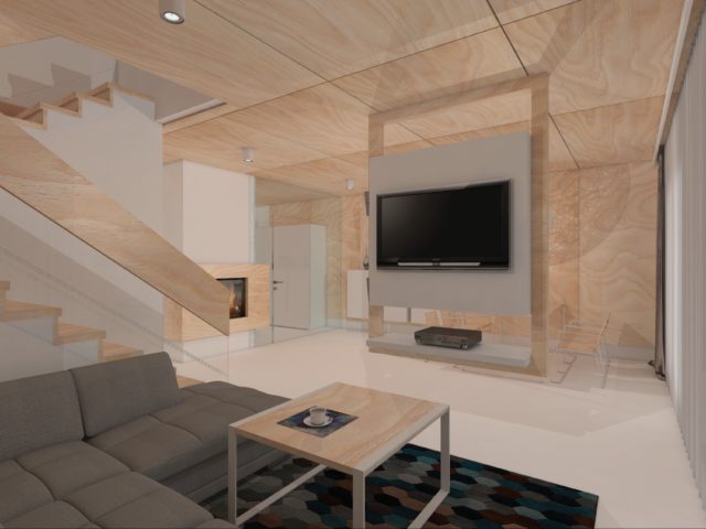 Projekt wnętrza domu jednorodzinnego, salon; kanapa narożnik, stolik kawowy, schody na górę, kominek, szafy, telewizor na ścianie i odtwarzacz płyt.