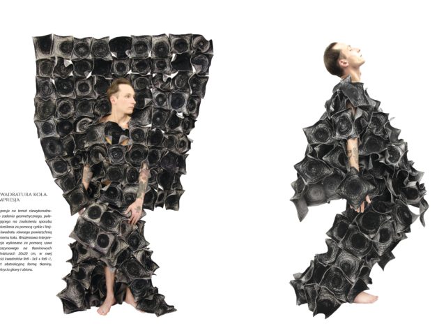 Model ubrany w projekt tkaniny artystycznej złożonej z kwadratów z zakreślonymi kołami przypominająca szkło.