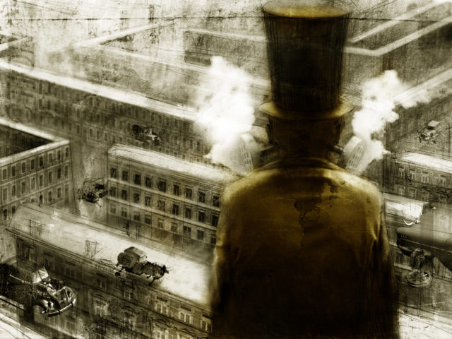 Rysunek graficzny przedstawiający postać w cylindrze i masce gazowej, patrzący z góry na zadymioną dzielnicę robotniczą, miasta przemysłowego lat dwudziestych ubiegłego wieku, po którym poruszają się futurystyczne auta z epoki.