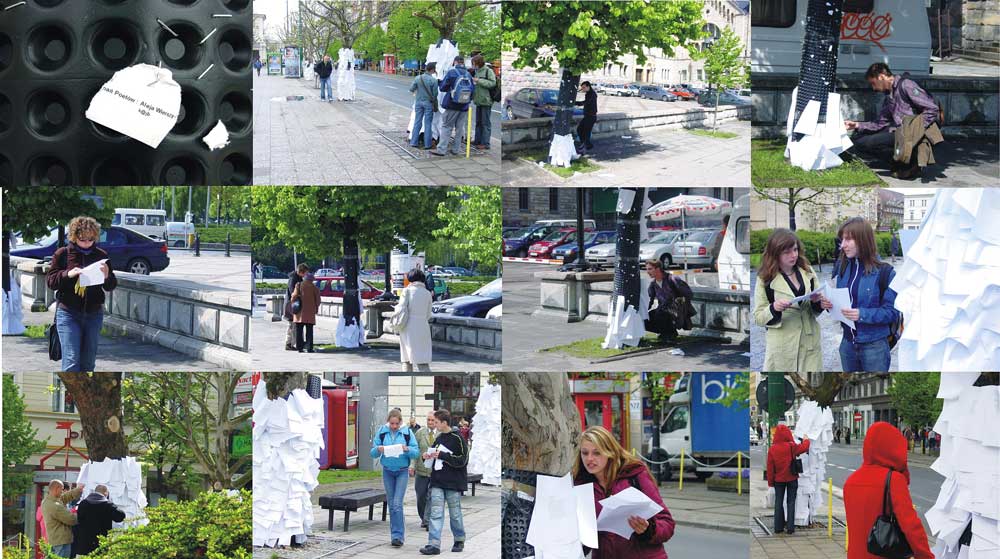 Kolaż złożony z dwunastu zdjęć ukazujących różne ujęcia z miasta podczas trwania instalacji.