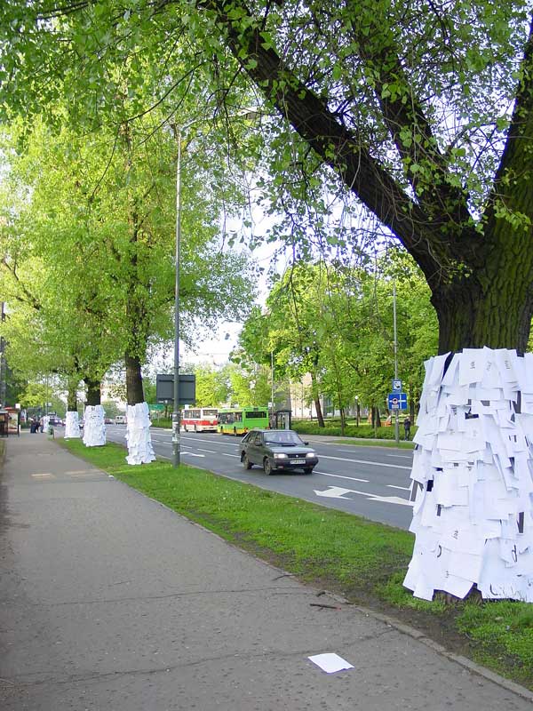 Widok na drzewa obklejone kartkami papieru na Alei Niepodległości, ulicą jedzie samochód Polonez, na przystanku za nim stoją dwa autobusy; miejski i podmiejski.