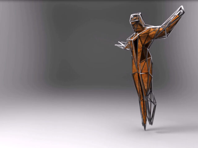 Realizacja multimedialna, animacja i 2 obiekty wykonane w programie 3D, pętla czasowa, przedstawia syntetyczne formy ludzkiej postaci i głowy otoczone siatką, na które nałożono teksturę zardzewiałej blachy i metalu.