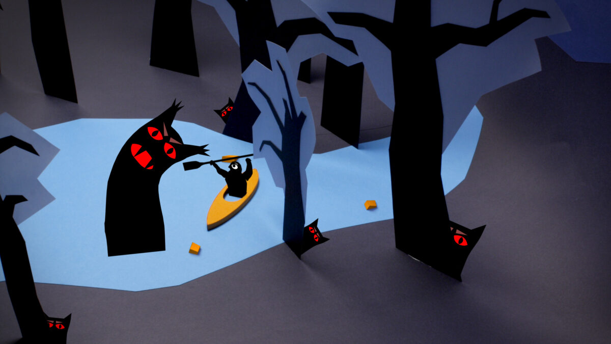 Kadr animacji ukazujący postać e kajaku, która podczas płynięcia przez rzekę walczy z wielkim czarnym stworem wyłaniającym się z rzeki podczas, gdy zza okolicznych drzew wyłaniają się mniejsze czarne stwory 