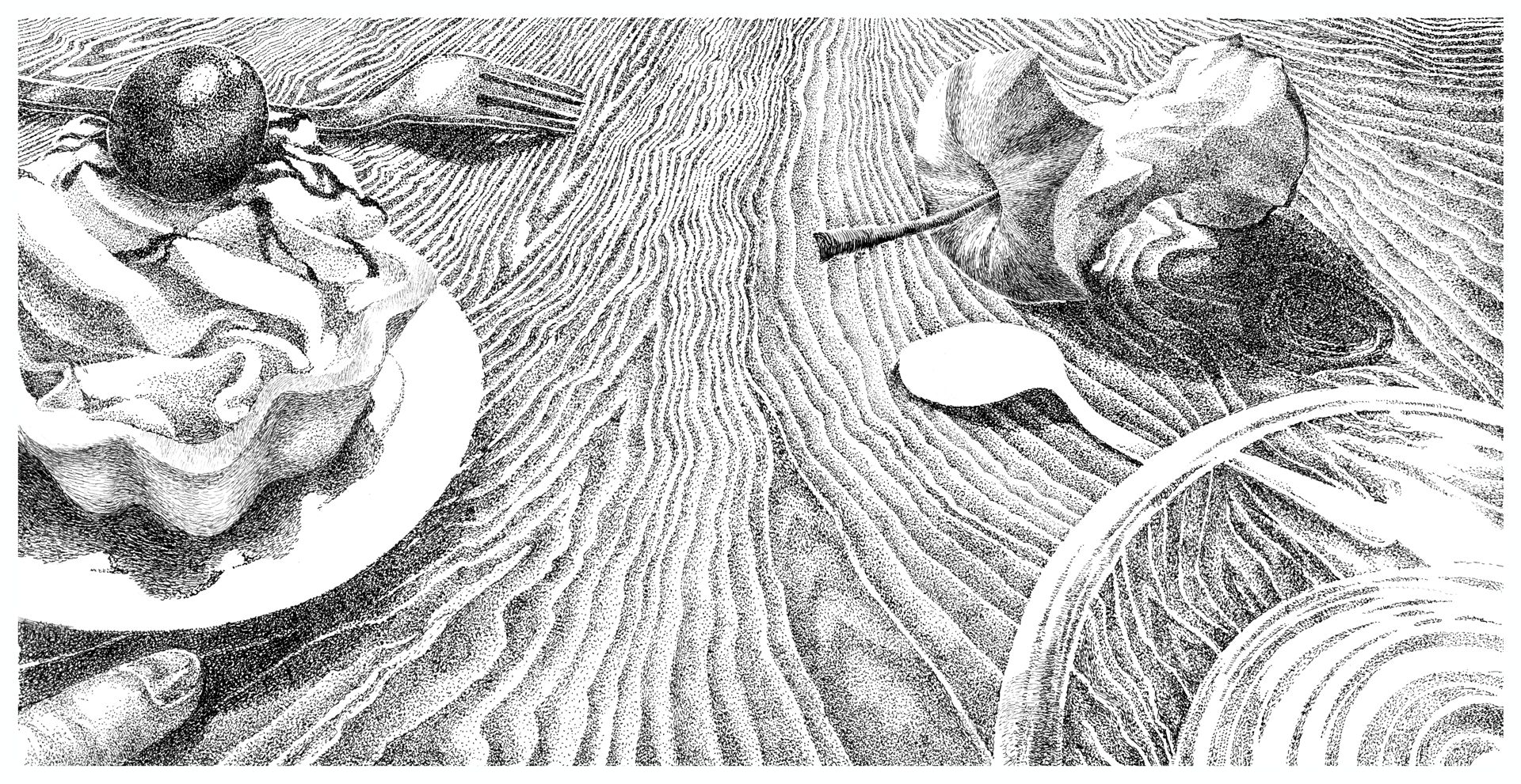 Szkic piórkiem; zbliżenie na drewniany blat stołu, na którym leżą widelec, ogryzek po jabłku, łyżeczka i babeczka z owocem. 