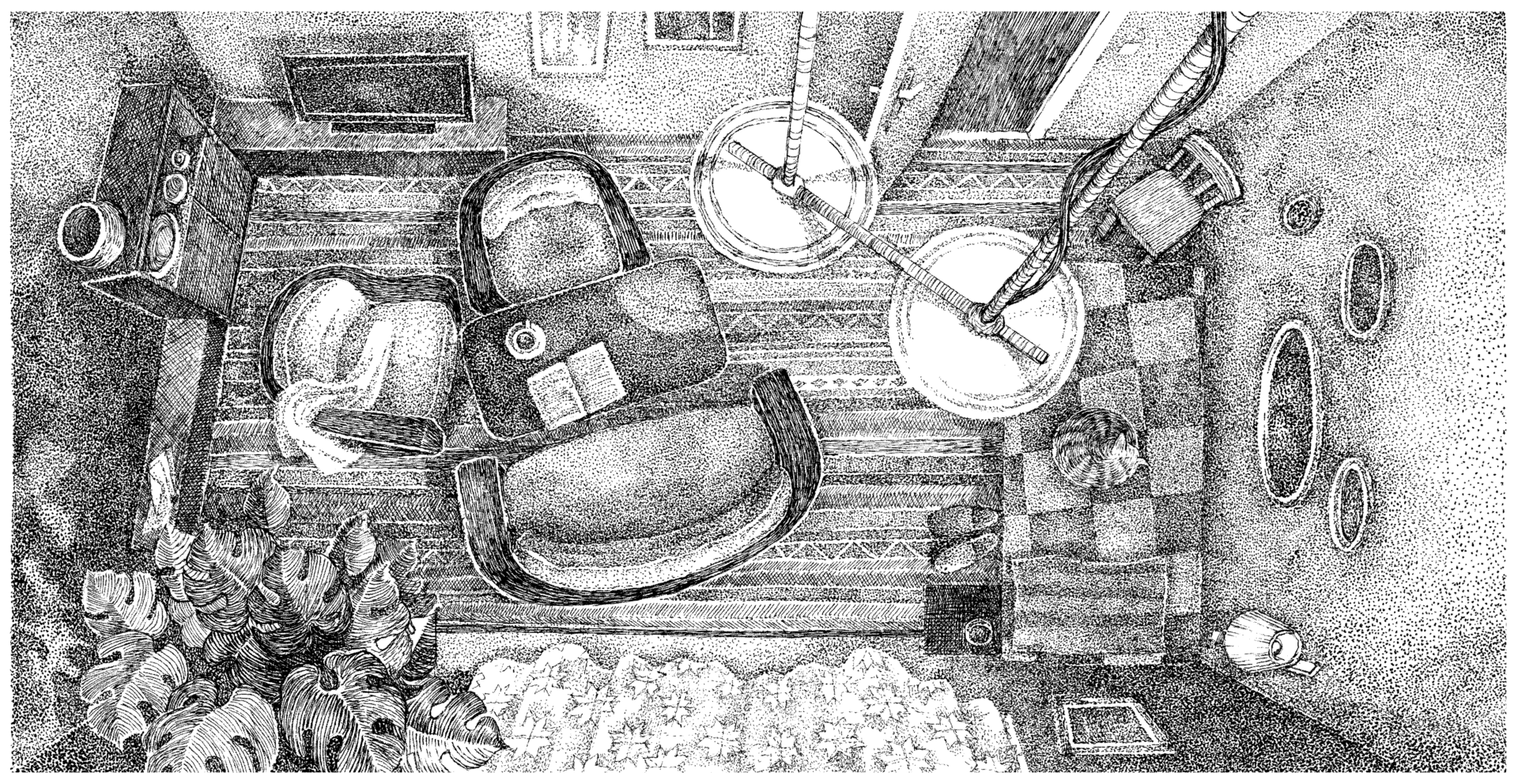 Szkic piórkiem; widok z lotu ptaka na salon: szafa, telewizor, stolik kawowy, kanapa, fotele, łózko, szafka nocna i krzesło.