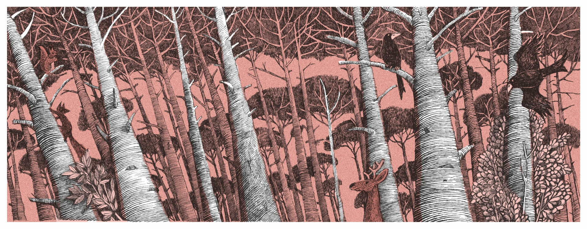 Rysunek piórkiem techniką cyfrową; las, ptak na gałęzi, wiewiórka na konarze, jeleń.