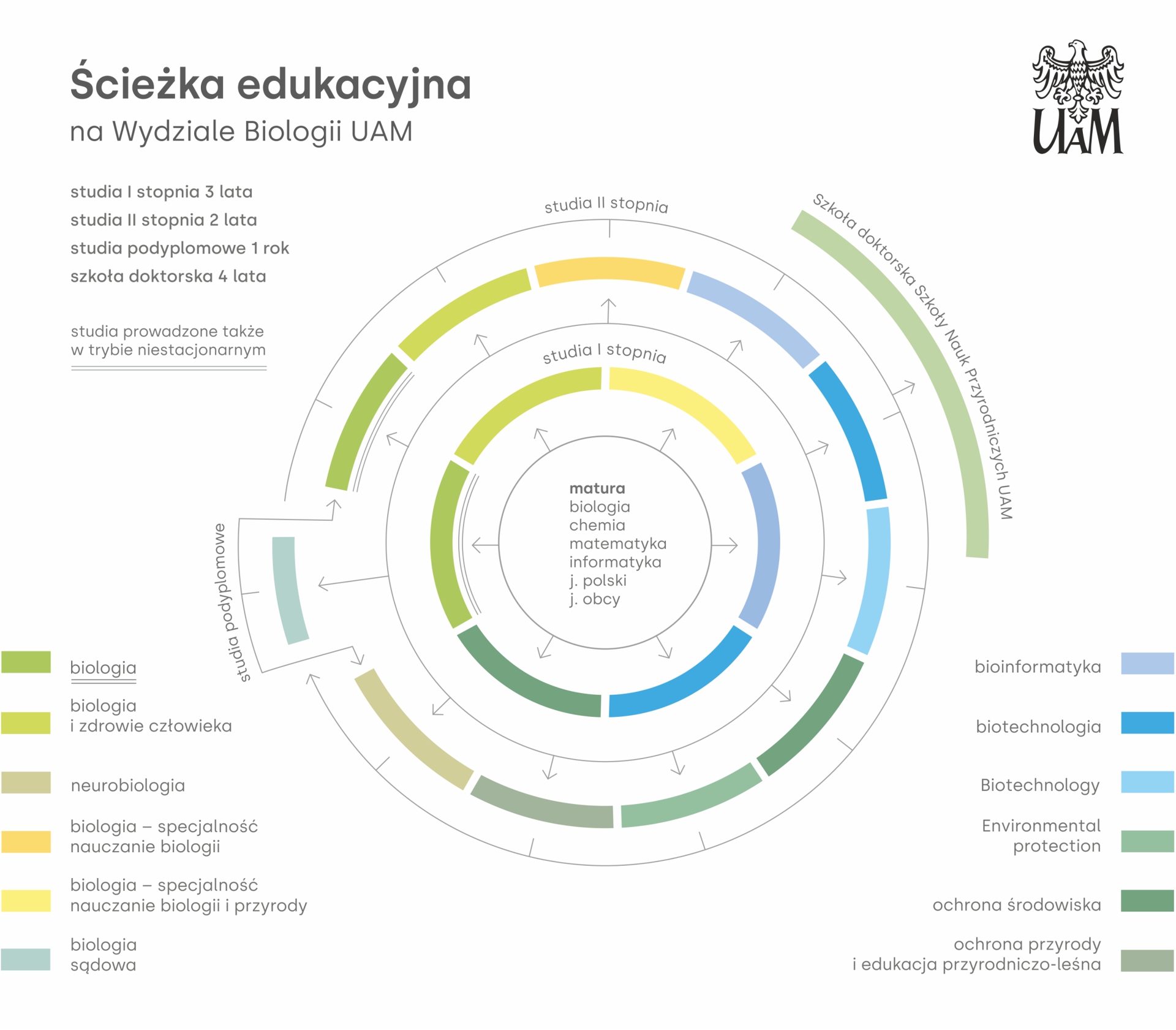 Wykres kołowy informujący o ścieżce edukacyjnej na Wydziale Biologii UAM.