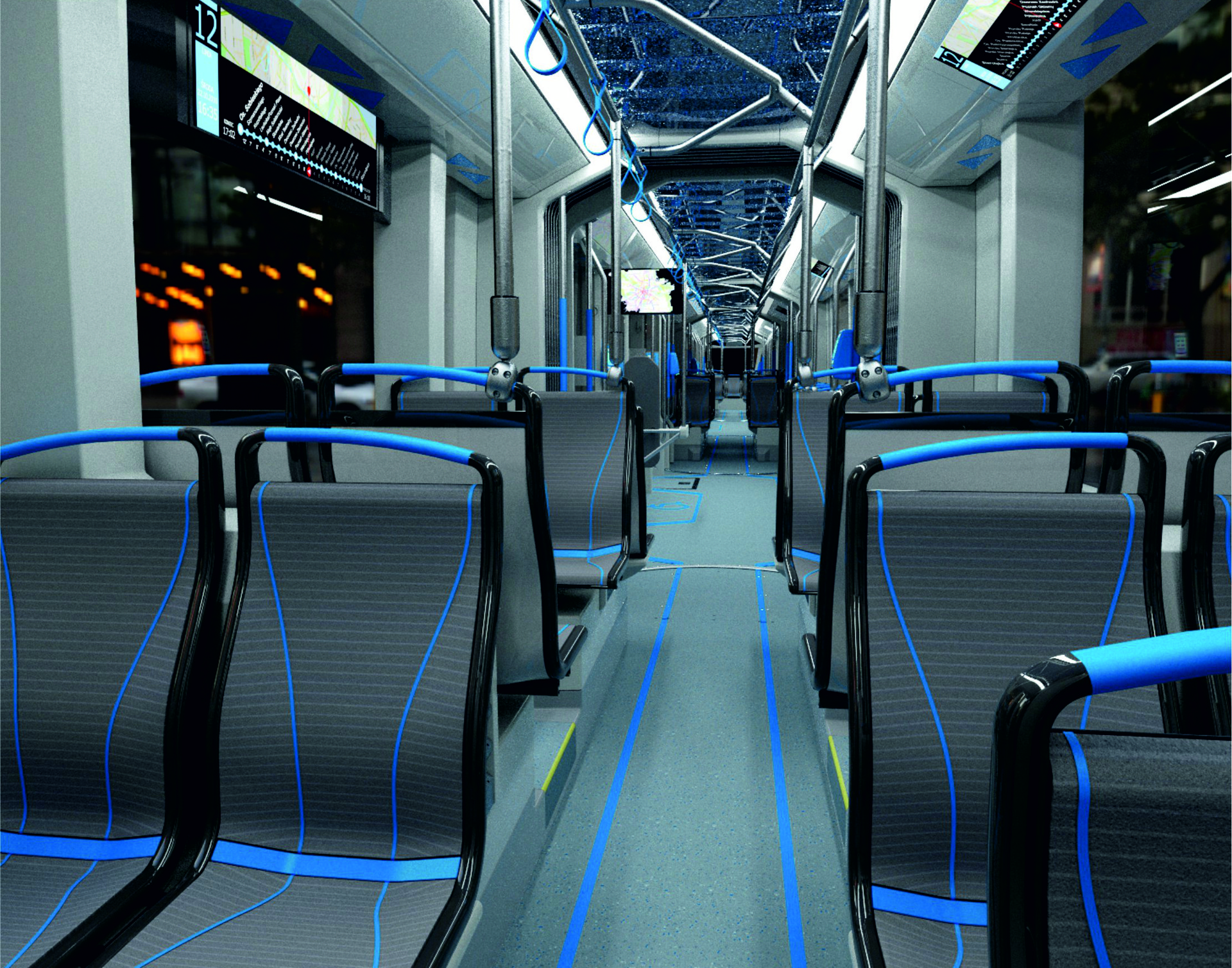 Wnętrze tramwaju Moderus Gamma, fotel TRM, wizualizacja.