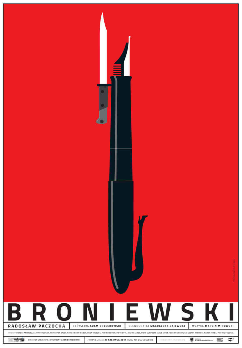 Plakat przedstawiający długopis przerobiony na karabin z bagnetem oraz klips w postaci kobiecej nogi w obcasie.