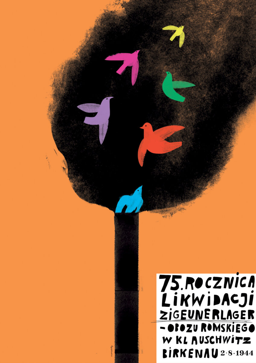 Plakat przedstawiający komin w dymie z którego ulatują kolorowe ptaki