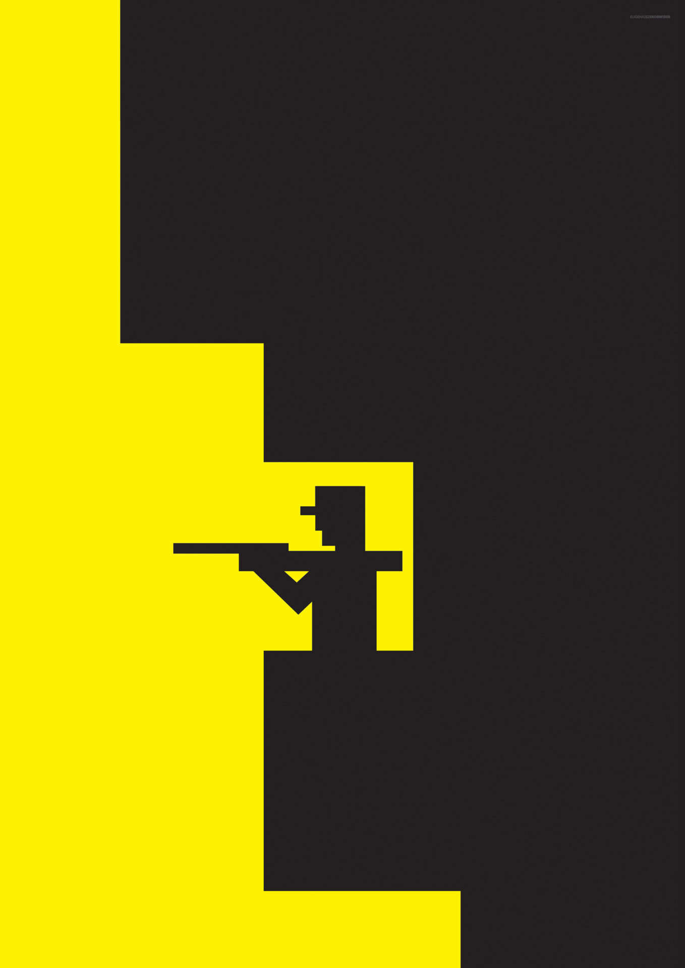 Grafika przedstawiająca pikselowe postać celującą z broni znajdującą się w budynku.
