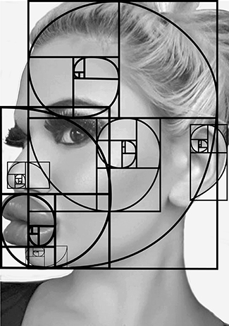 Ciągi Fibonacciego wkomponowane w twarz modelki po operacjach plastycznych.