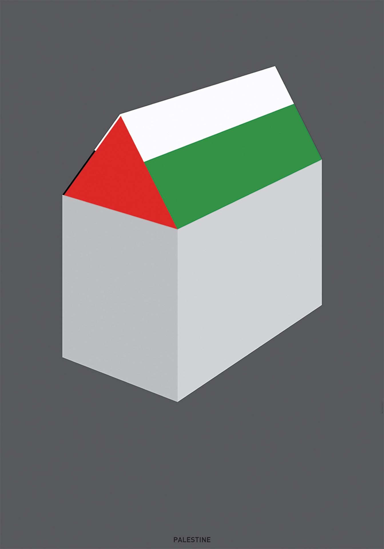 Ilustracja domu, którego dach jest w barwach flagi Palestyny.