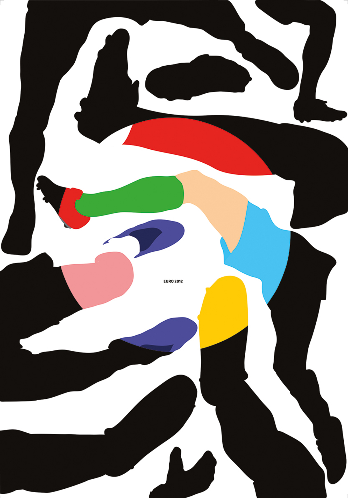 Ilustracja do Euro 2012; czarne kontury nóg piłkarzy są pokolorowane w centralnym punkcie plakatu.