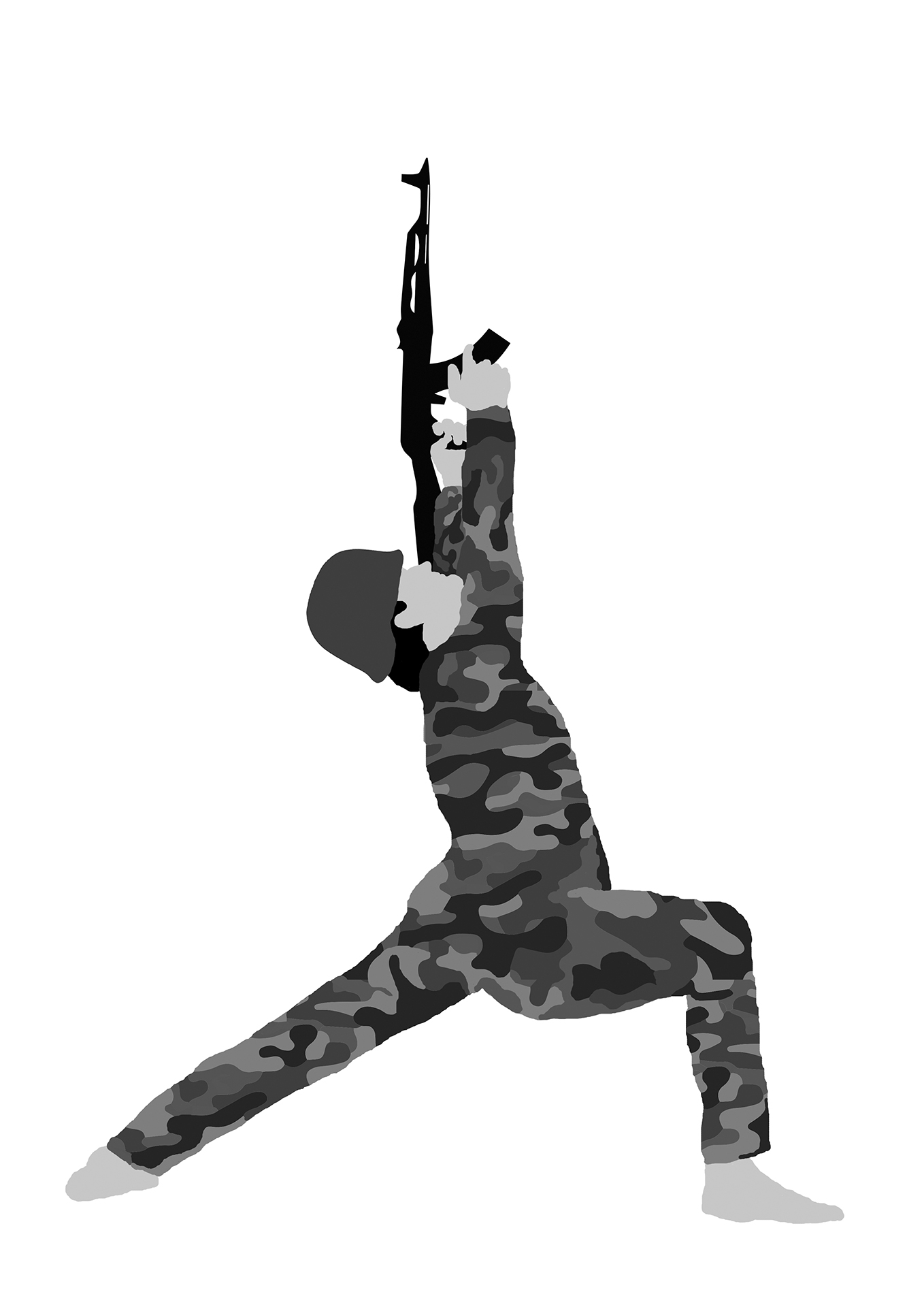 Grafika cyfrowa, żołnierz w wypadzie z uniesionym karabinem celującym w niebo