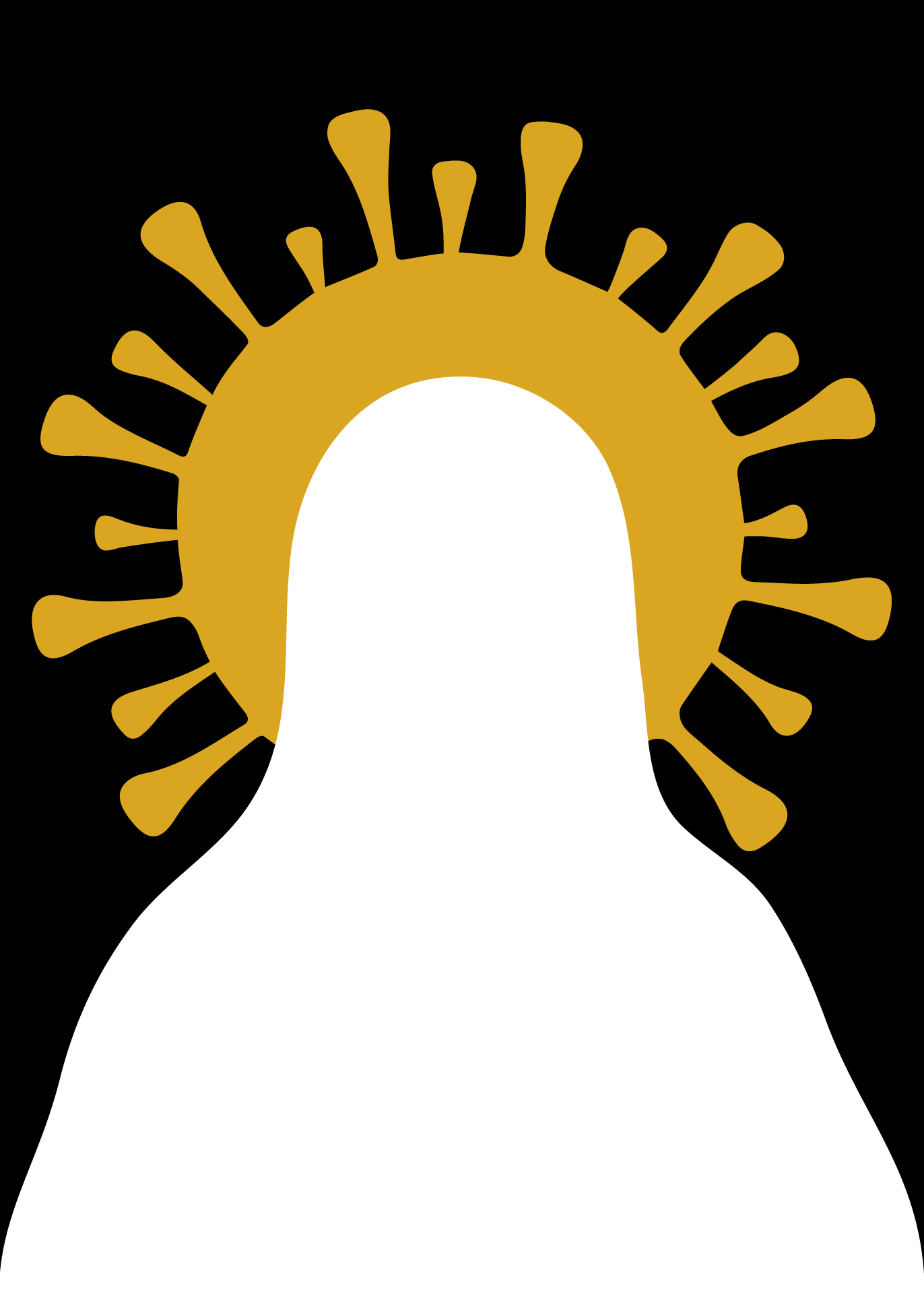 Grafika przedstawiająca zarys Matki Boskiej, której aureola przypomina symbol wirusa.