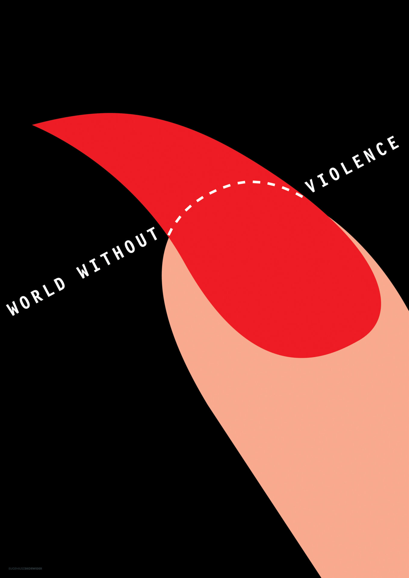 Grafika pod tytułem "World without violence"; palec z zaznaczonym zanokcicem do odcięcia.