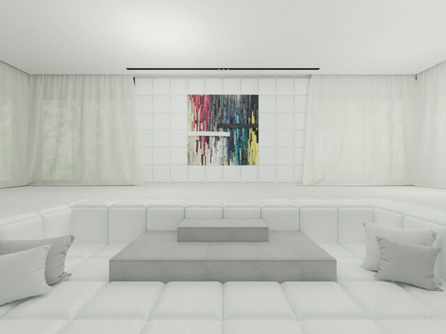 Kolorowy obraz na ścianie białego pomieszczenia z poduszkami