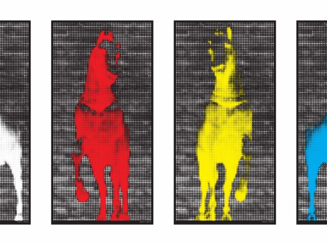 Grafika przedstawiająca konia w kolorach białym, czerwonym. żółtym i niebieskim