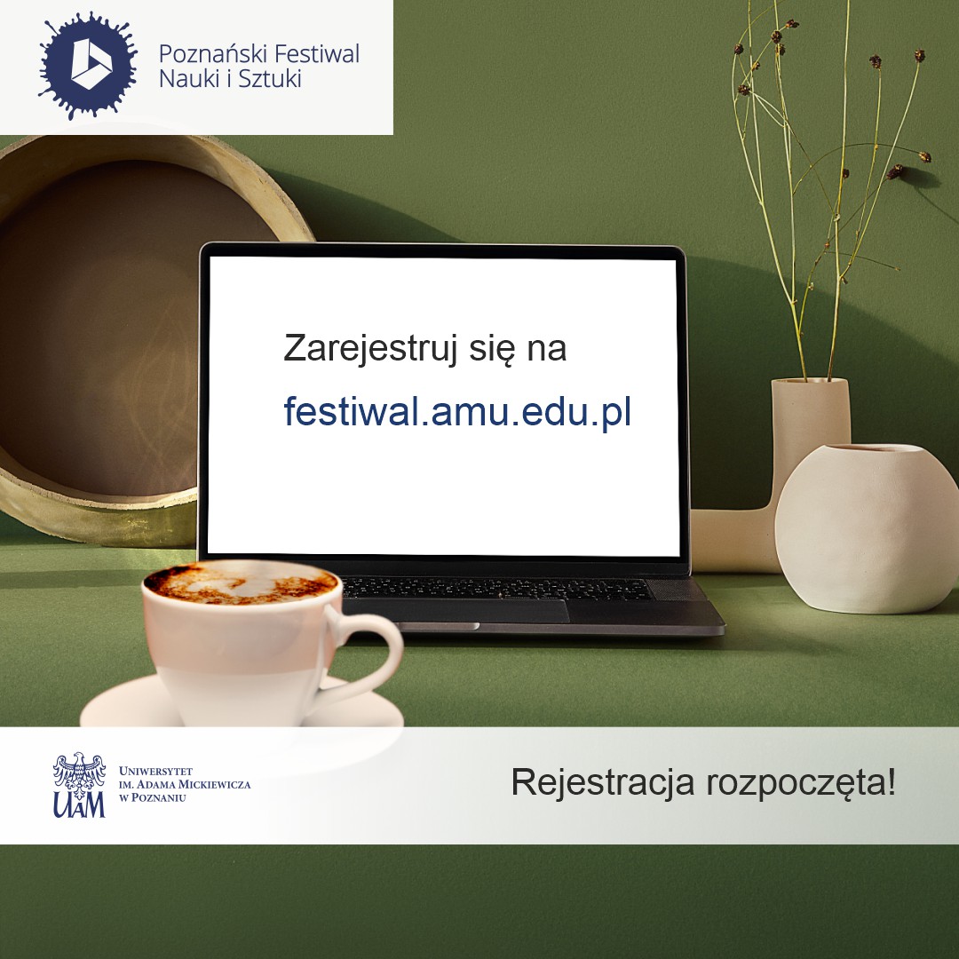 Plakat informacyjny o rozpoczęciu rejestracji na festiwal. Laptop na zielonym tle, wazony oraz filiżanka kawy.