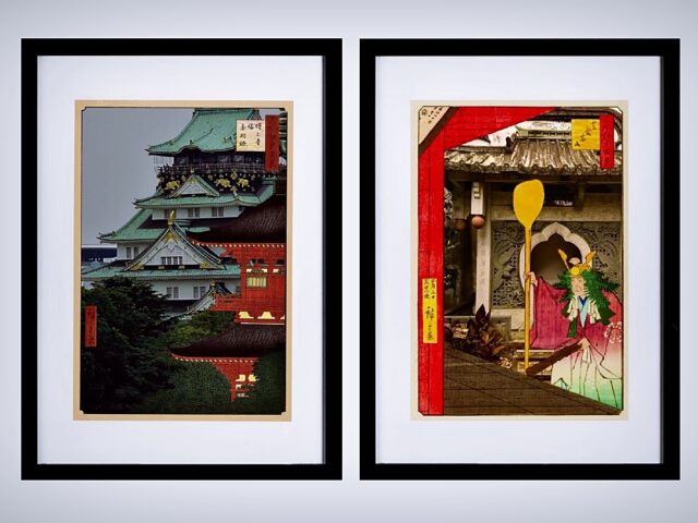 Obrazy na wystawie; na pierwszym fotografia ukazująca typowy japoński pałac, na której domalowano część podobnego pałacu w innym kolorze. Na drugiej fotografii wnętrze japońskiego podwórza, na której domalowano mężczyznę w tradycyjnym japońskim stroju.