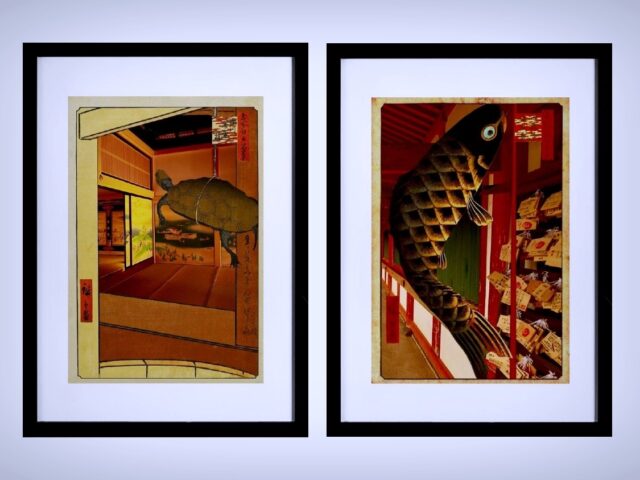 Obrazy nawiązujące do charakterystycznej sztuki japońskiej. Na zdjęciu po lewej stronie obraz żółwia, po prawej obraz ryby.
