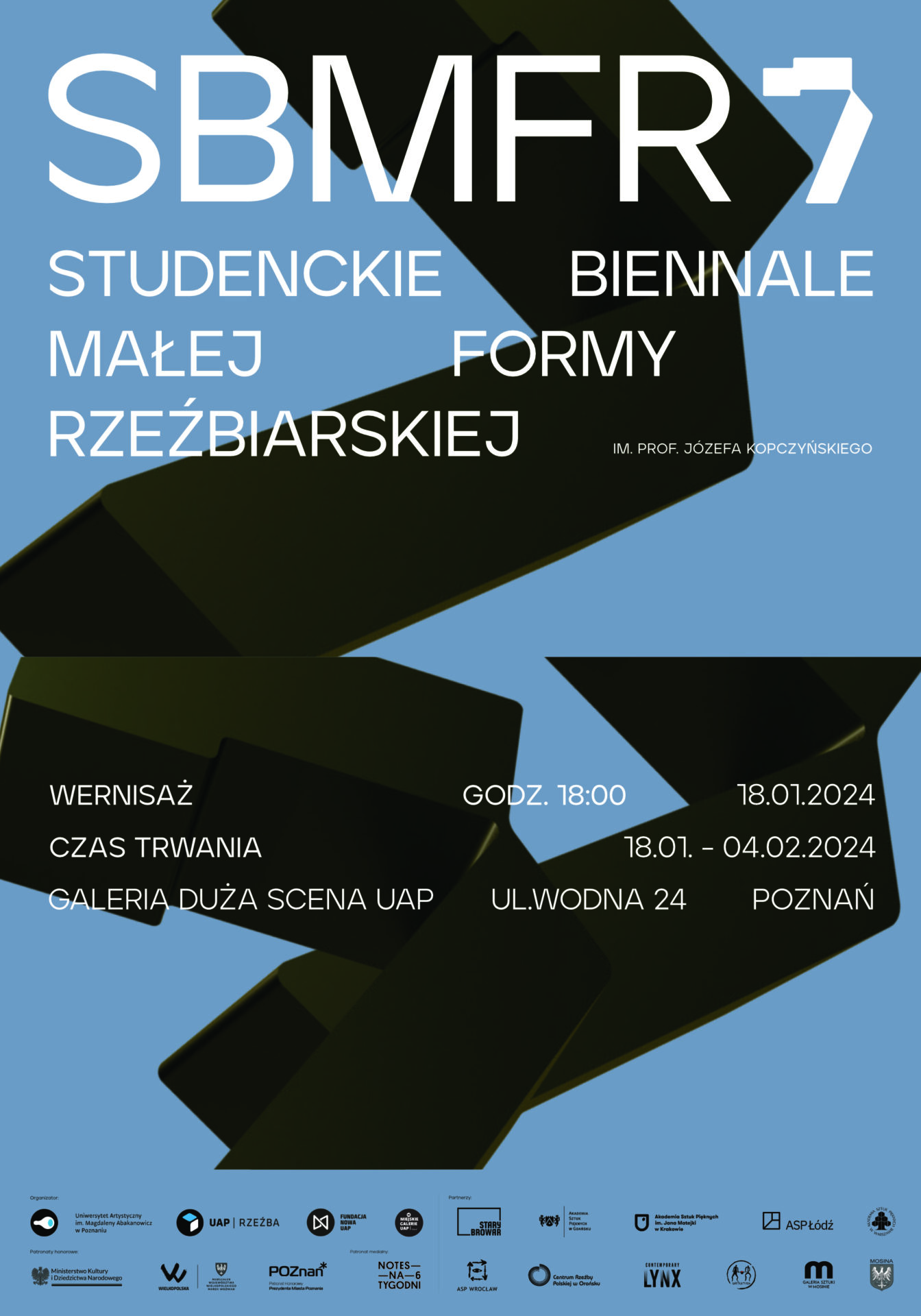 Plakat informujący o wystawie Studenckiej Biennale Małej Formy Rzeźbiarskiej, czas, miejsce i adres.