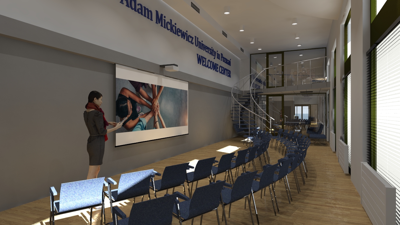S. Nawój WELCOME CENTER/ częściowo zrealizowany projekt adaptacji wnętrz Uniwersytetu im. Adama Mickiewicza w Poznaniu na akademicki punkt kontaktowy dla studentów zagranicznych / Collegium Martineum, Poznań 2022 (wybrane wizualizacje projektowe i zdjęcia zrealizowanych wnętrz)