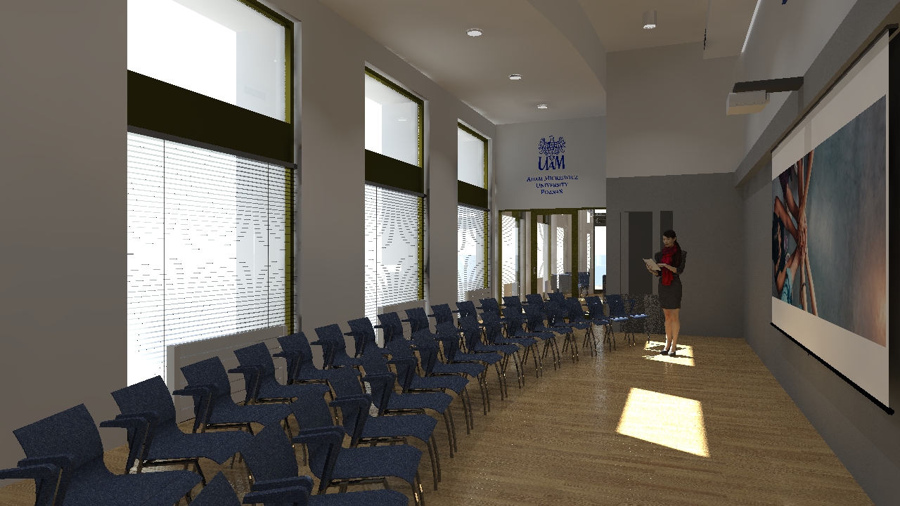 S. Nawój WELCOME CENTER/ częściowo zrealizowany projekt adaptacji wnętrz Uniwersytetu im. Adama Mickiewicza w Poznaniu na akademicki punkt kontaktowy dla studentów zagranicznych / Collegium Martineum, Poznań 2022 (wybrane wizualizacje projektowe i zdjęcia zrealizowanych wnętrz)