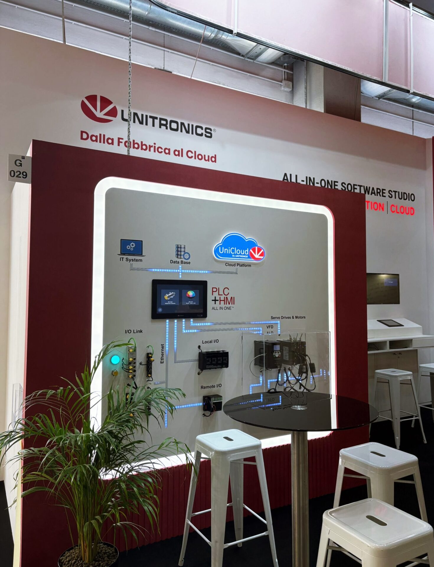 R. Rzadkiewicz STOISKO TARGOWE firmy Unitronics / zrealizowany projekt koncepcyjny i wykonawczy stoiska wielkości 36m² / prezentacja w ramach Targów Smart Production Solutions Italia 2025 / Parma, Włochy