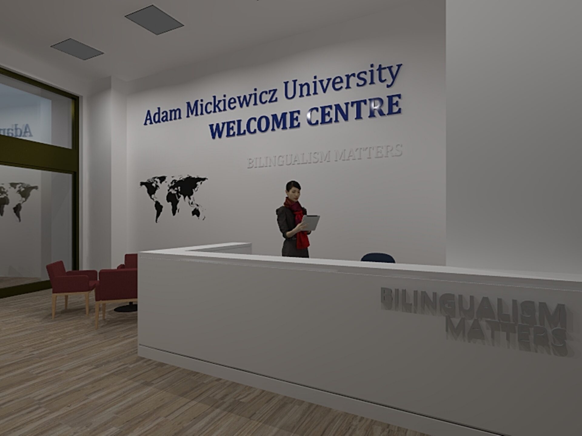 S. Nawój WELCOME CENTER/ częściowo zrealizowany projekt adaptacji wnętrz Uniwersytetu im. Adama Mickiewicza w Poznaniu na akademicki punkt kontaktowy dla studentów zagranicznych / Collegium Martineum, Poznań 2022 (wybrane wizualizacje projektowe i zdjęcia zrealizowanych wnętrz)